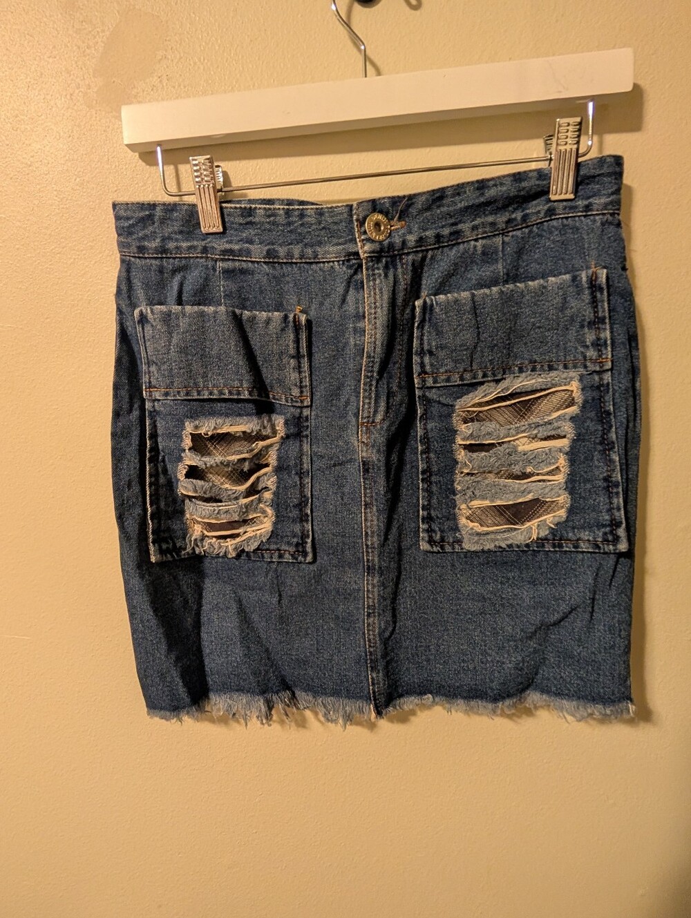 POL Ripped Patch Pocket Denim Jean Mini Skirt